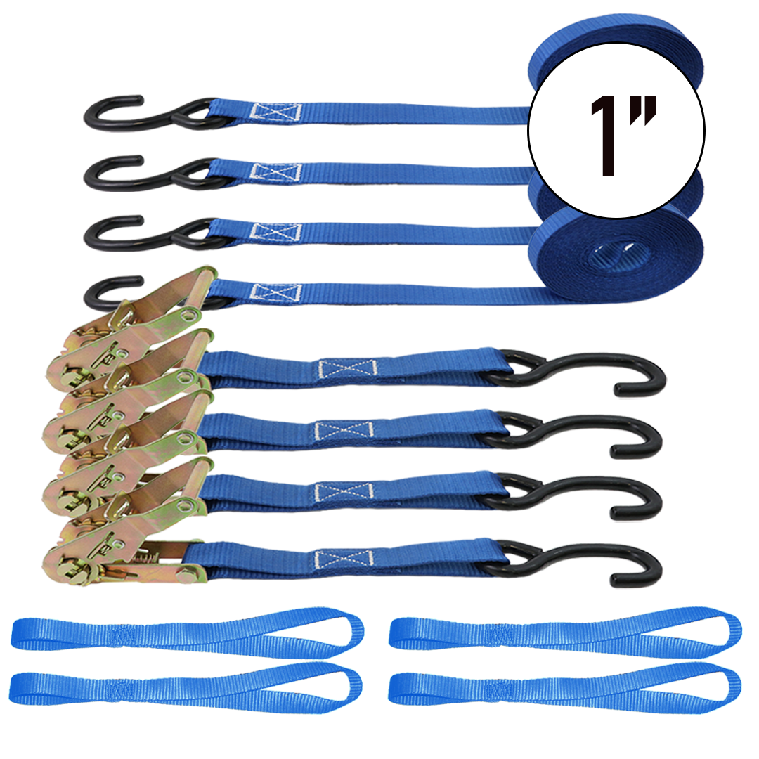Heavy-Duty Blue 1" Powersports Tie-Down Kit - Motorcycle, ATV, UTV Ratchet Straps & Soft Loops