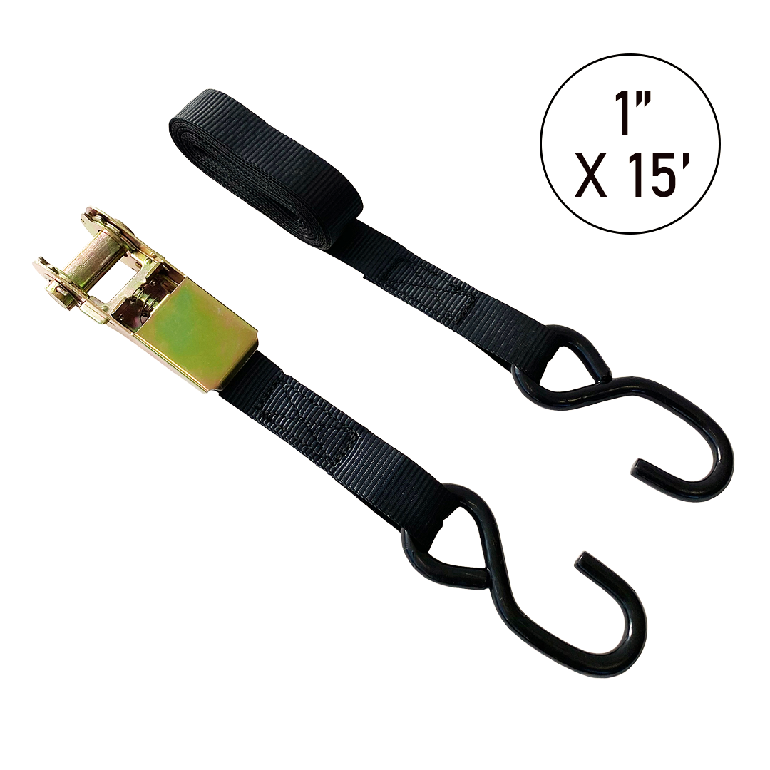 1" x 15' All-Purpose Ratchet Tie Down with S-Hooks