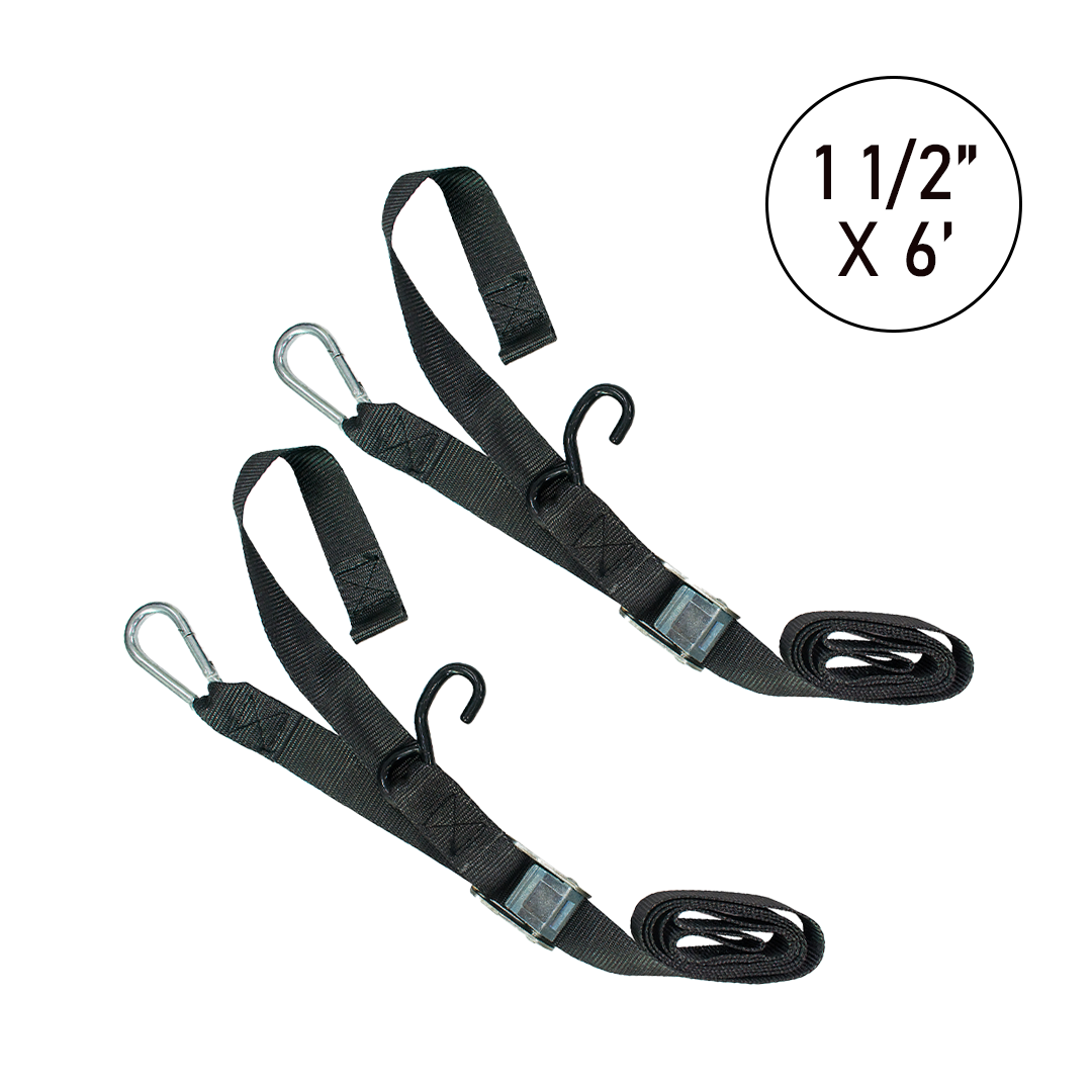 Boxer 1.5" x 6' Motorcycle Tie Down Set with S Hook and Carabiner Snap Hook - 1600 lbs Breaking Strength