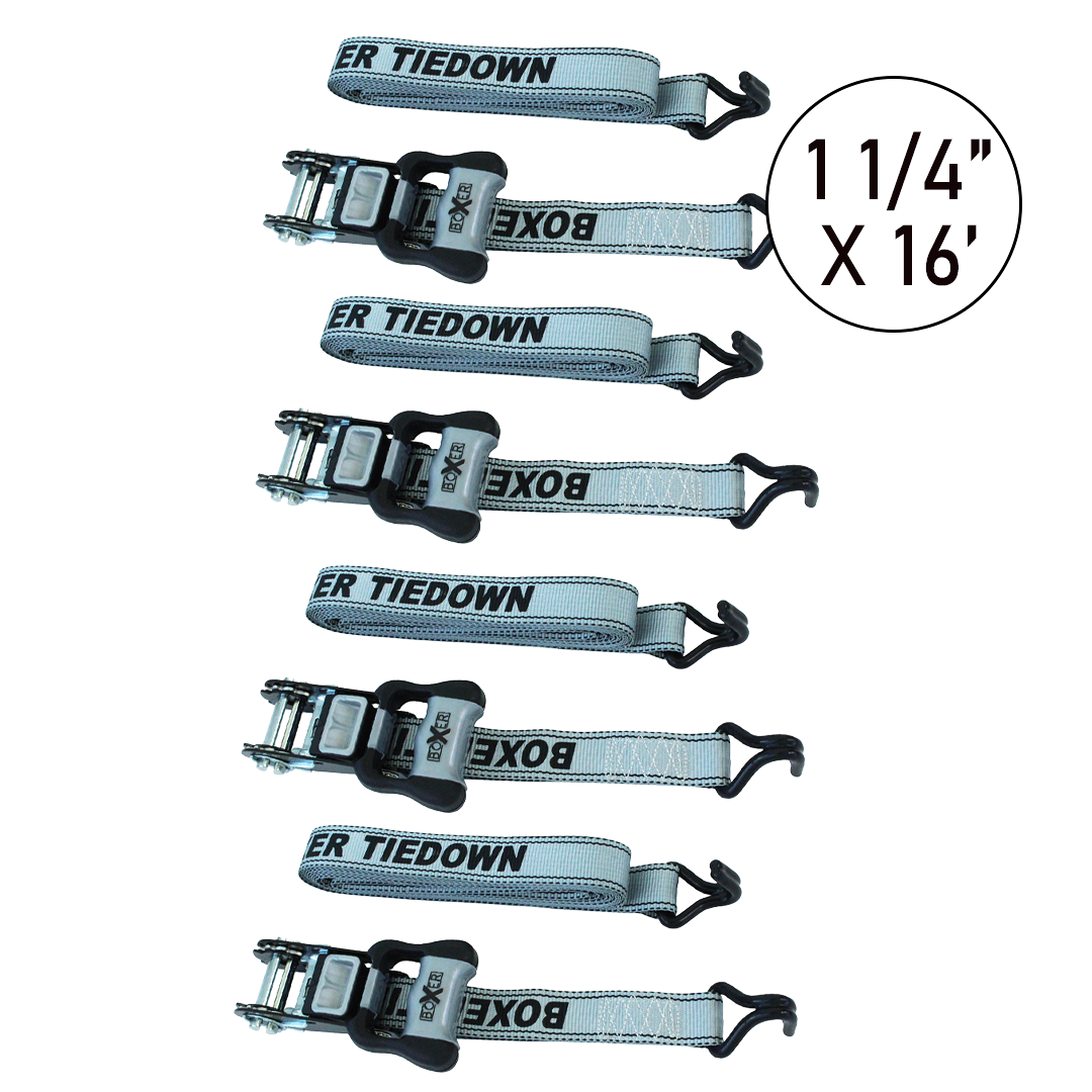 Boxer Pro 1 1/4" x 16' Ratchet Tie Downs Set with Coated J Hooks - 2500 lbs Breaking Strength