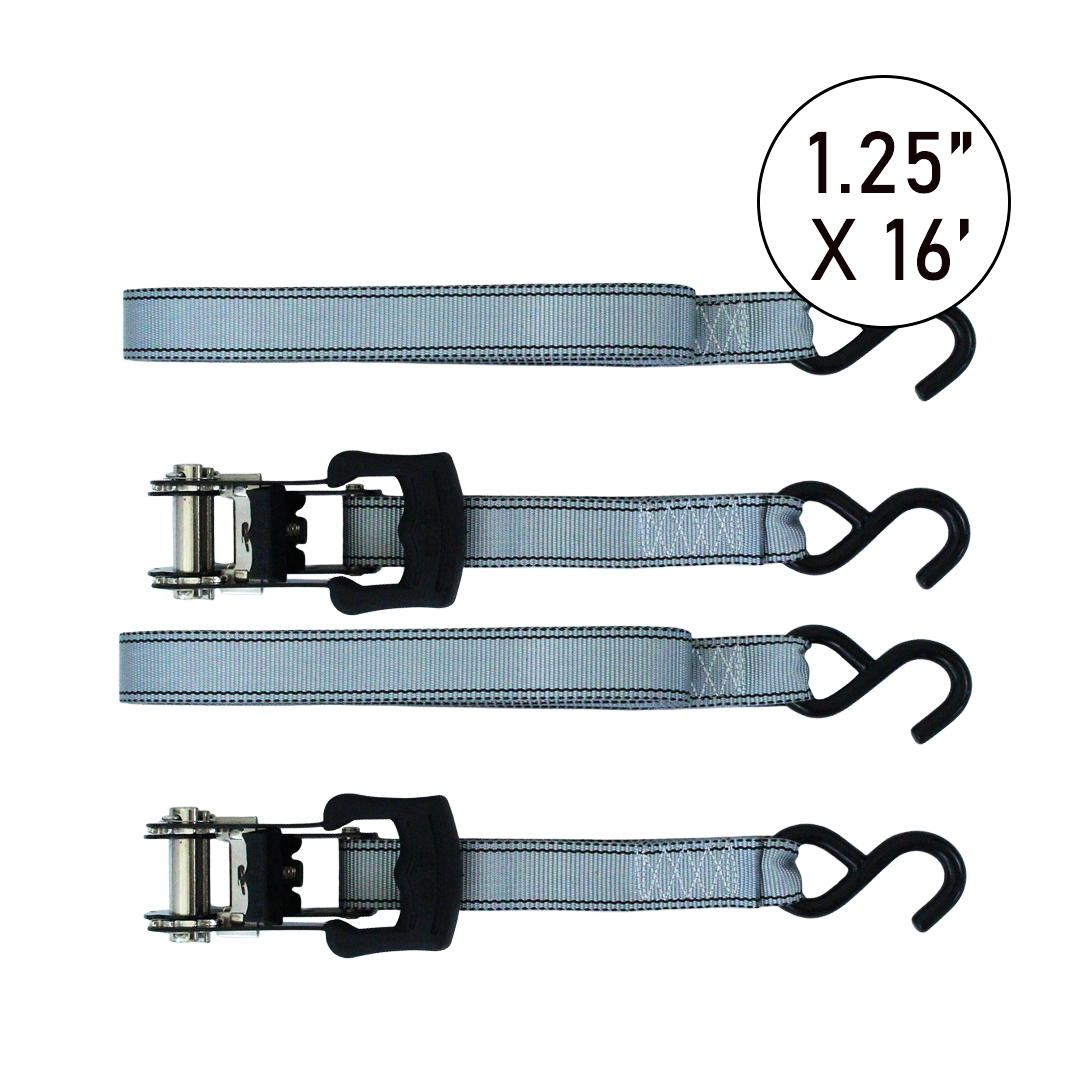 Boxer UltraGrip 1 1/4" x 16' Heavy-Duty Ratchet Tie Downs with S Hooks