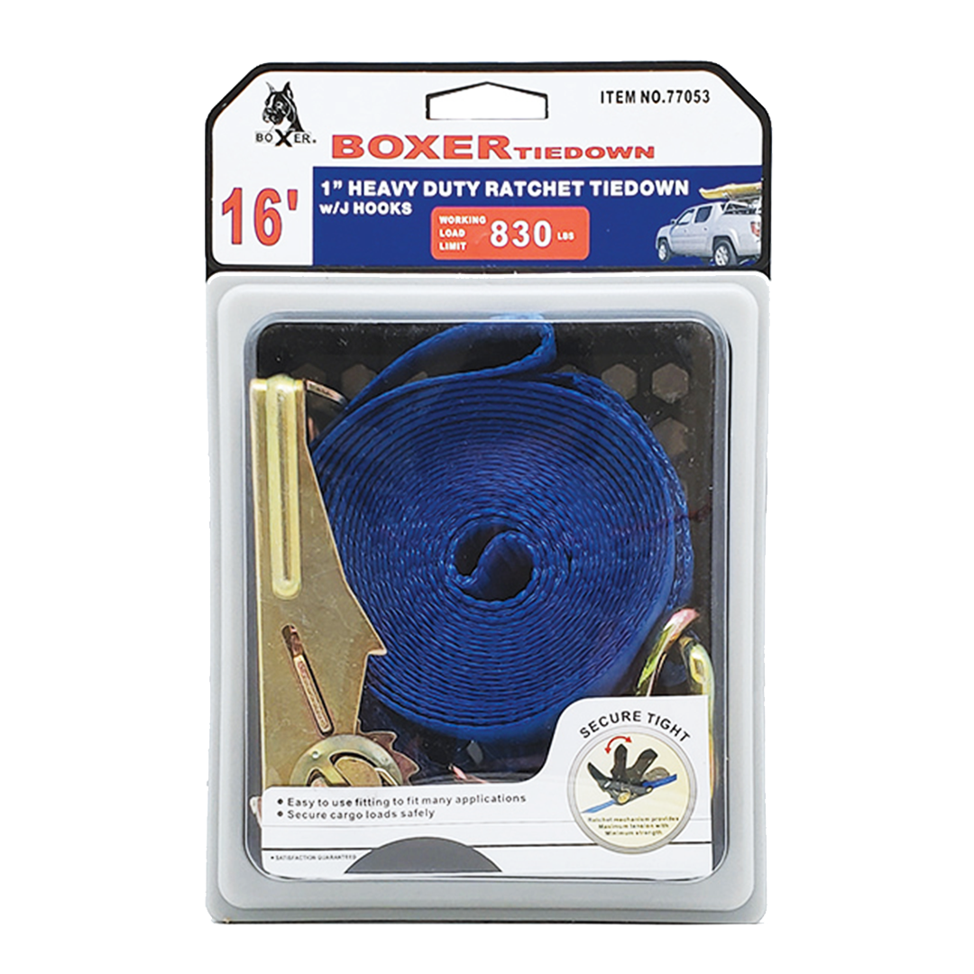 Boxer Dual Strength 1" x 16' Ratchet Tie Down with an Additional D Ring for Enhanced Load Security - 2500 lbs Breaking Strength