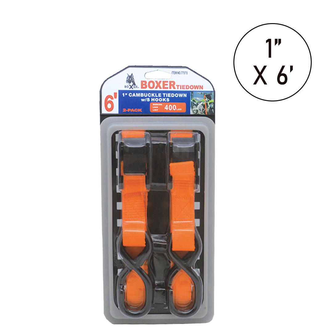 Boxer Hi-Vis Tangerine 1" x 6' Cam Buckle Tie Down Set with Vinyl-Coated Hooks - 1200 lbs Breaking Strength