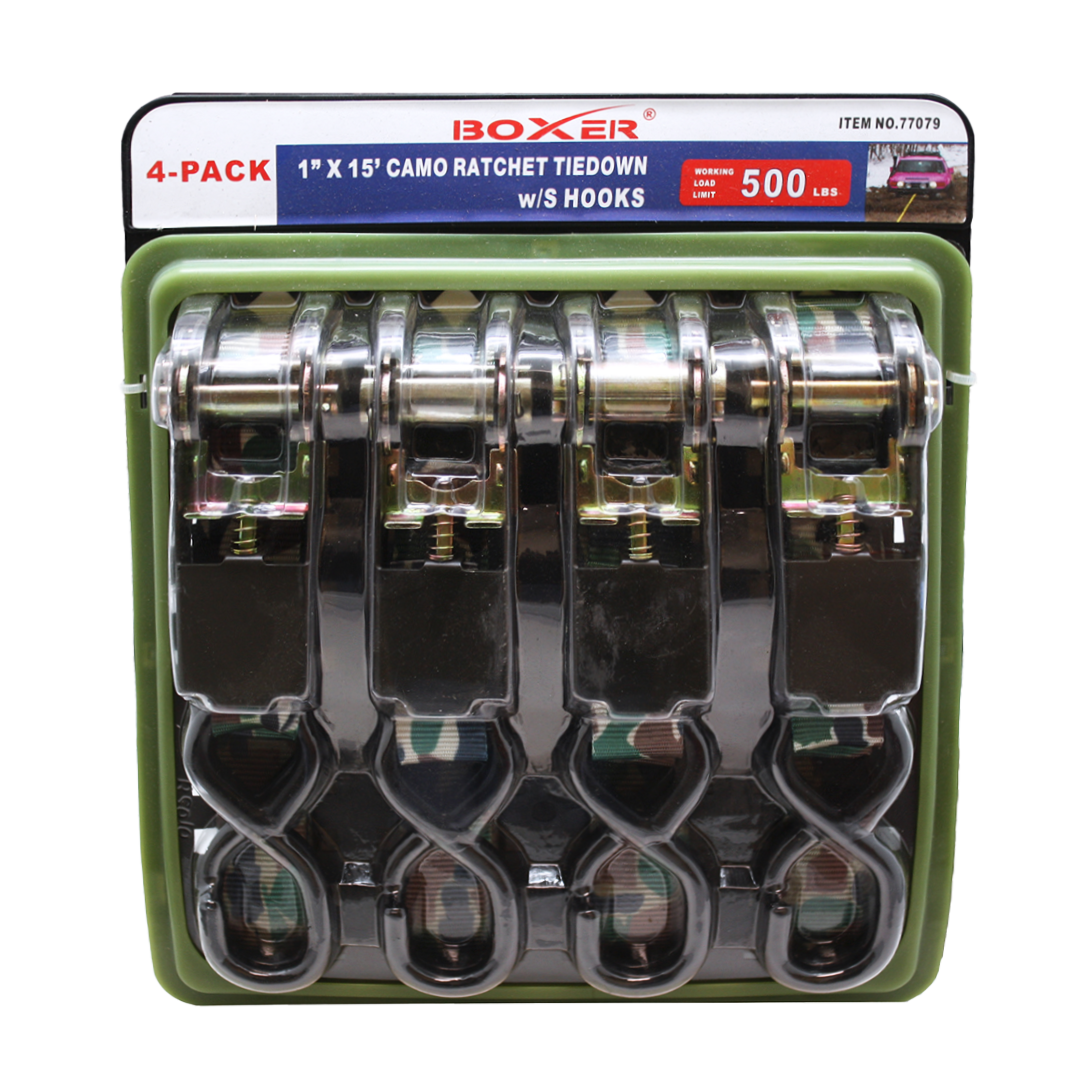 Boxer Stealth Grip Pro  1" x 15' Camouflage Ratchet Tie Down Set - 1500 lbs Breaking Strength