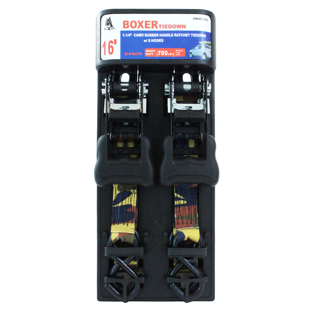Boxer StealthGrip 2500: Camouflage Ratchet Tie Downs with S Hooks - 1 1/4" x 16'