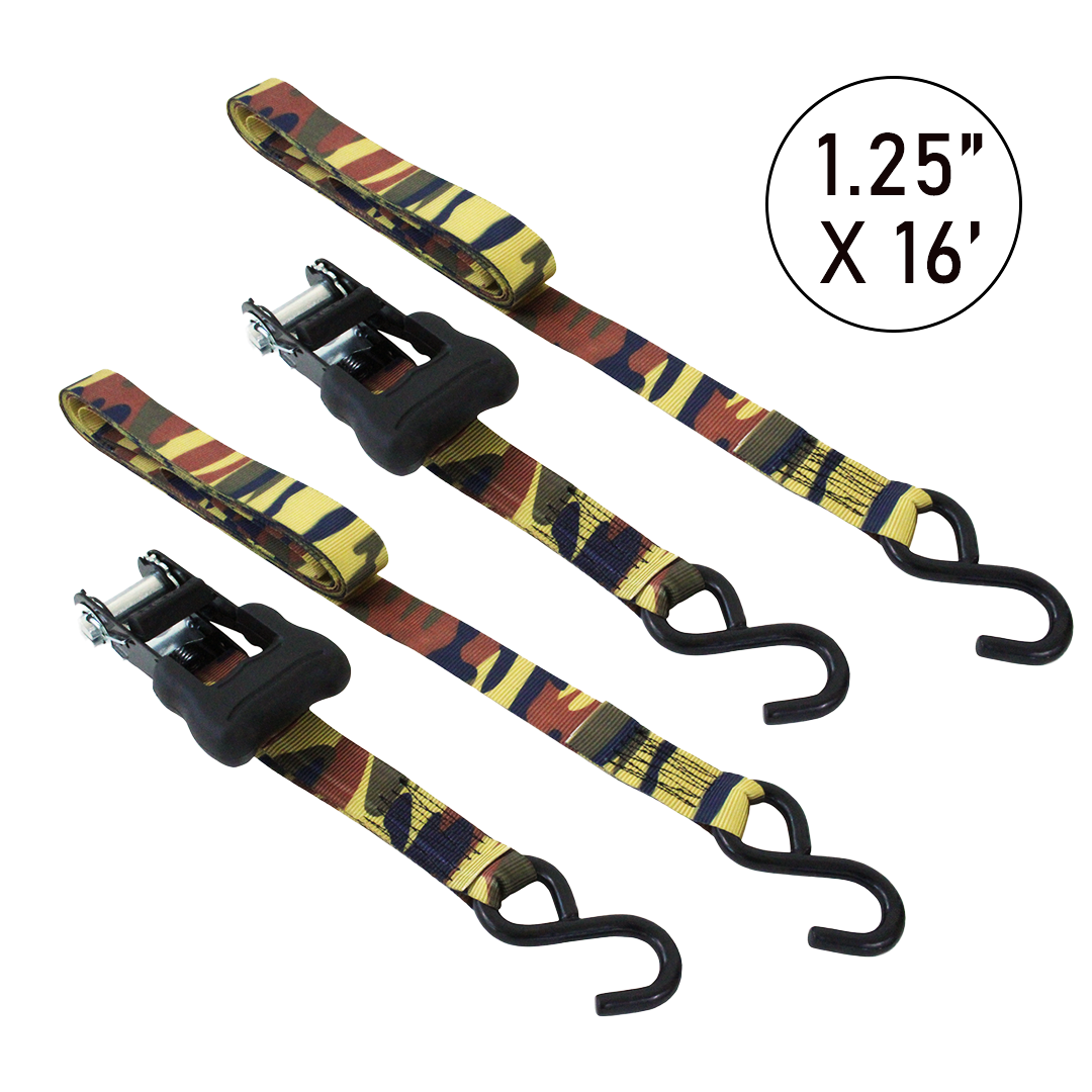 Boxer StealthGrip 2500: Camouflage Ratchet Tie Downs with S Hooks - 1 1/4" x 16'