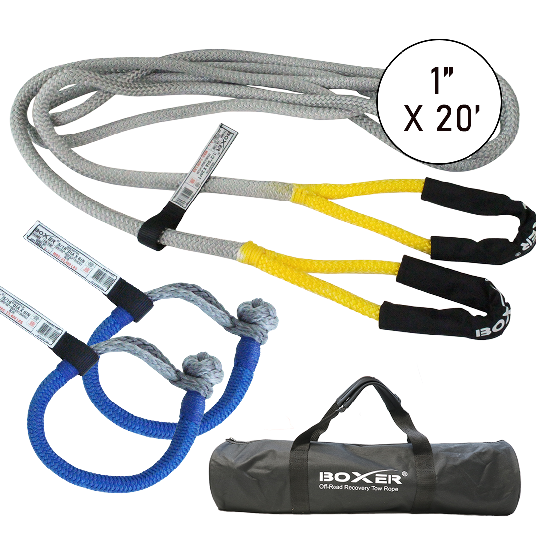 Compact Vehicle Recovery Rope Kit: 1" Kinetic Nylon Rope & Soft Shackles