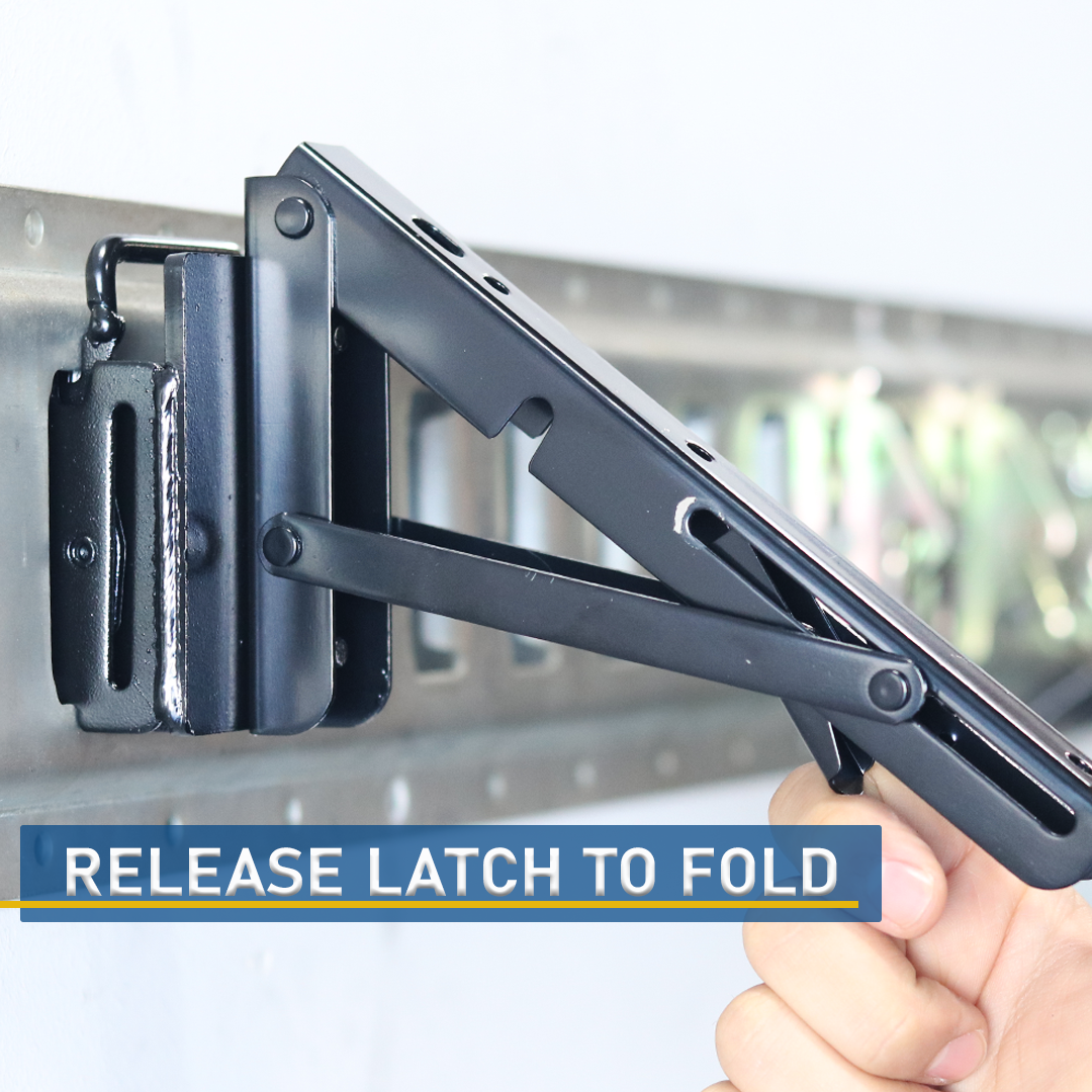 Foldable E-Track Shelf Bracket Kit (Set of 2) – Heavy-Duty, 110 lb Capacity, Space-Saving Storage Solution for Trailers, Garages & Workbenches