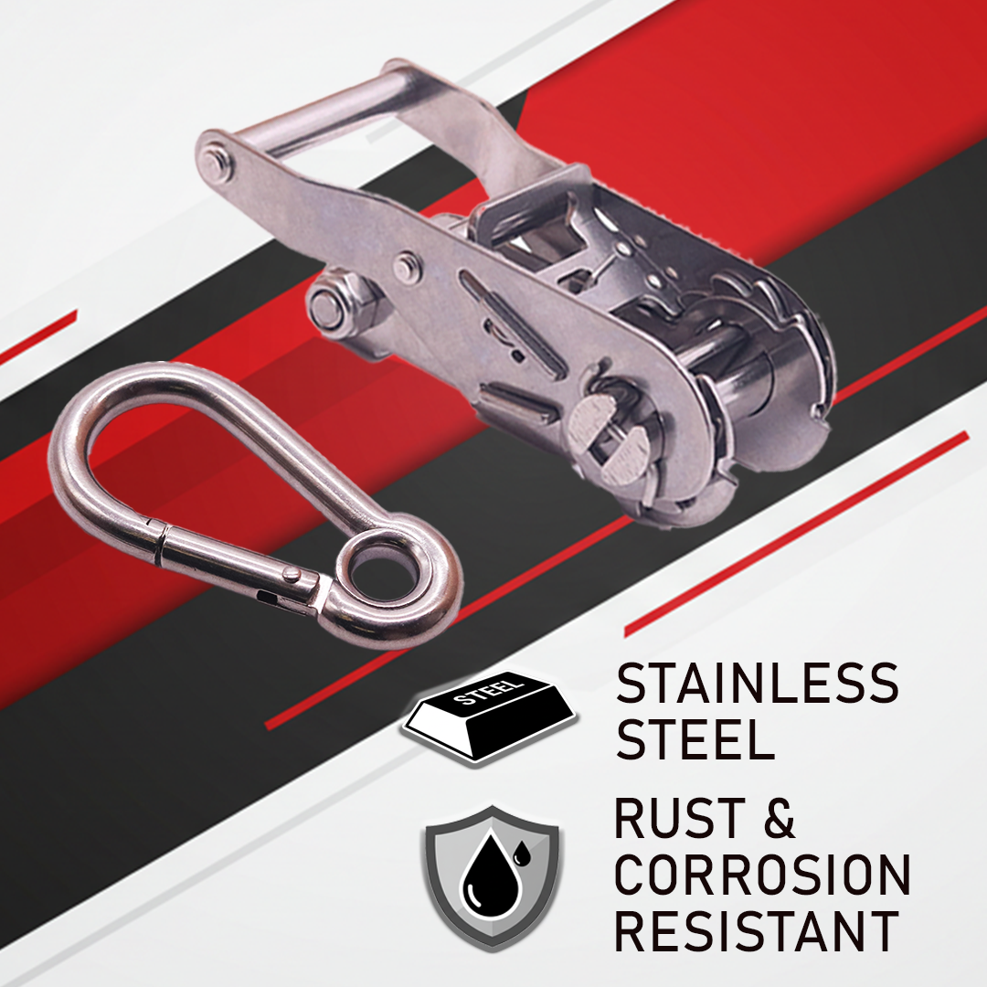 1" x 10' Stainless Steel Ratchet Strap with Carabiner Snap Hooks - 750 lbs. Working Load Limit
