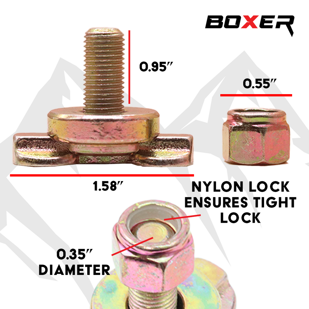 Bolt and nut with measurements and 'Boxer' branding on a white background