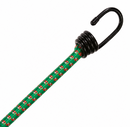 A bungee cord with a green and red patterned body and a black spiral spring hook, shown on a plain white background.