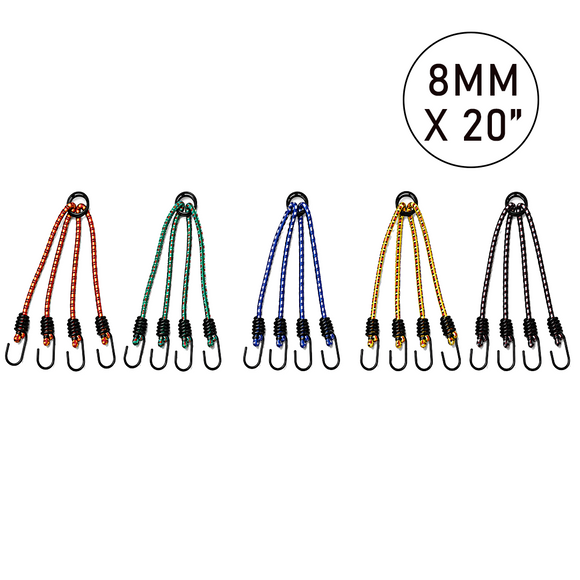 5-Pack 4-Arm Light-Duty Spider Bungee Cord Sets – 8 mm x 20 in. with Steel-Core Hooks, Assorted Colors