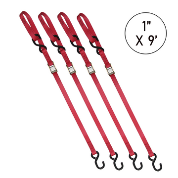 Buy red Boxer 1" x 9' Cam Buckle Tie Down - Motorcycle, ATV, UTV Secure Strapping with S Hooks and Loop End, 1500lbs Break Strength, Vibrant Color Options, Crafted in California for Ultimate Confidence