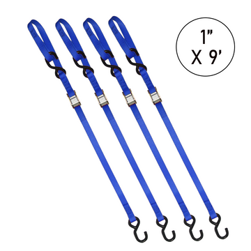 Buy blue Boxer 1" x 9' Cam Buckle Tie Down - Motorcycle, ATV, UTV Secure Strapping with S Hooks and Loop End, 1500lbs Break Strength, Vibrant Color Options, Crafted in California for Ultimate Confidence
