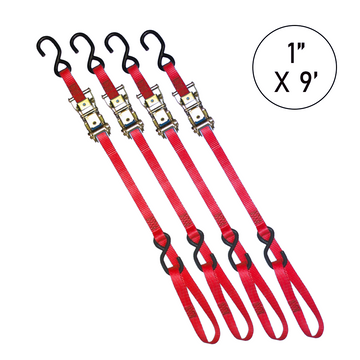 Buy red Boxer 1" x 9' Ratchet Tie Down - Enhanced with S Hooks and Loop End, 3000lbs Break Strength, Vibrant Color Options, Crafted with California Confidence