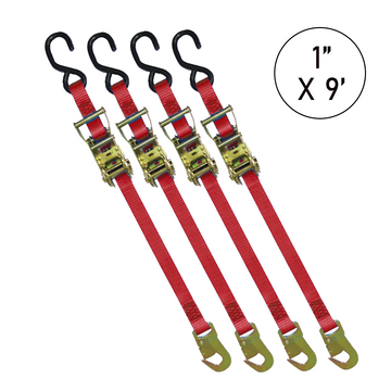 Buy red Boxer 1" x 9' Ratchet Tie Down with S Hook and Snap Hook - 3000lbs Break Strength, Vibrant Color Options, Crafted with California Confidence