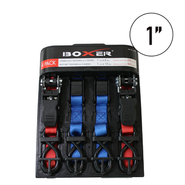 A set of four tie down straps in black, with two red ratchet straps and two blue cam buckle straits, packaged in a Boxer branded box.