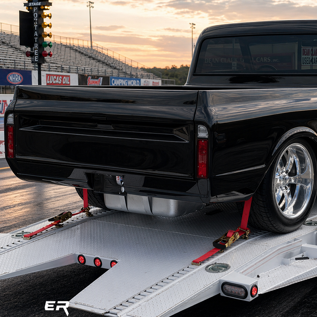 Black pickup truck on a trailer with a sunset in the background