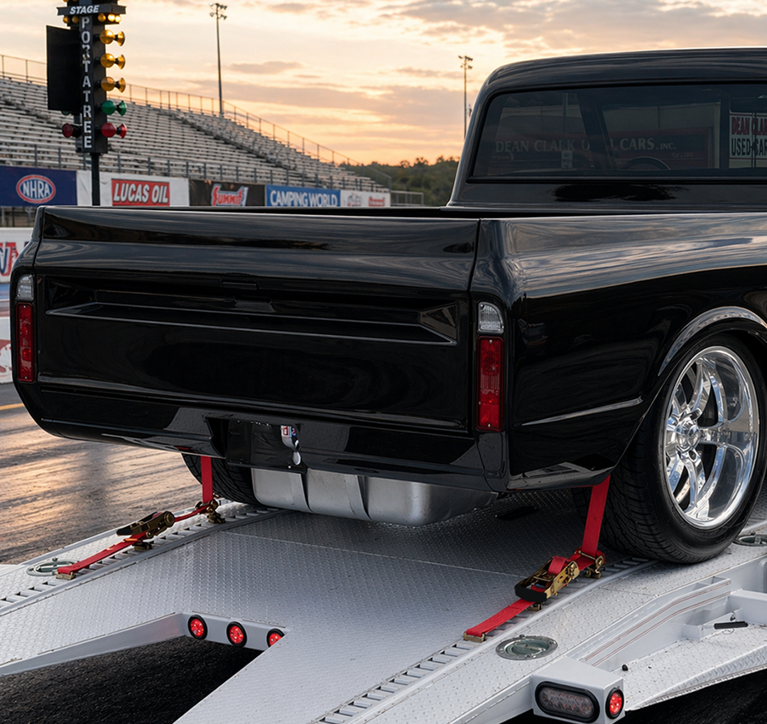 Black pickup truck on a trailer with a sunset in the background