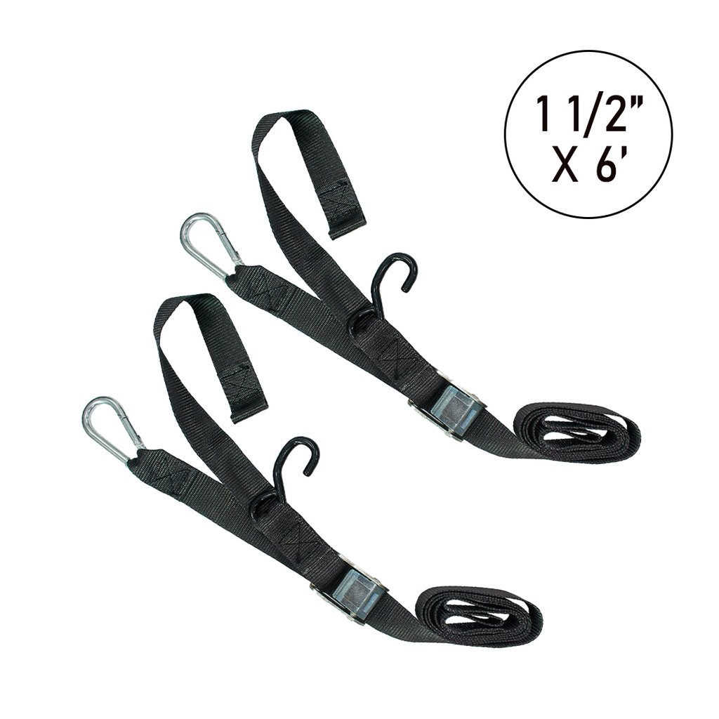 Boxer 1.5" x 6' Motorcycle Tie Down Set with S Hook and Carabiner Snap Hook - 1600 lbs Breaking Strength
