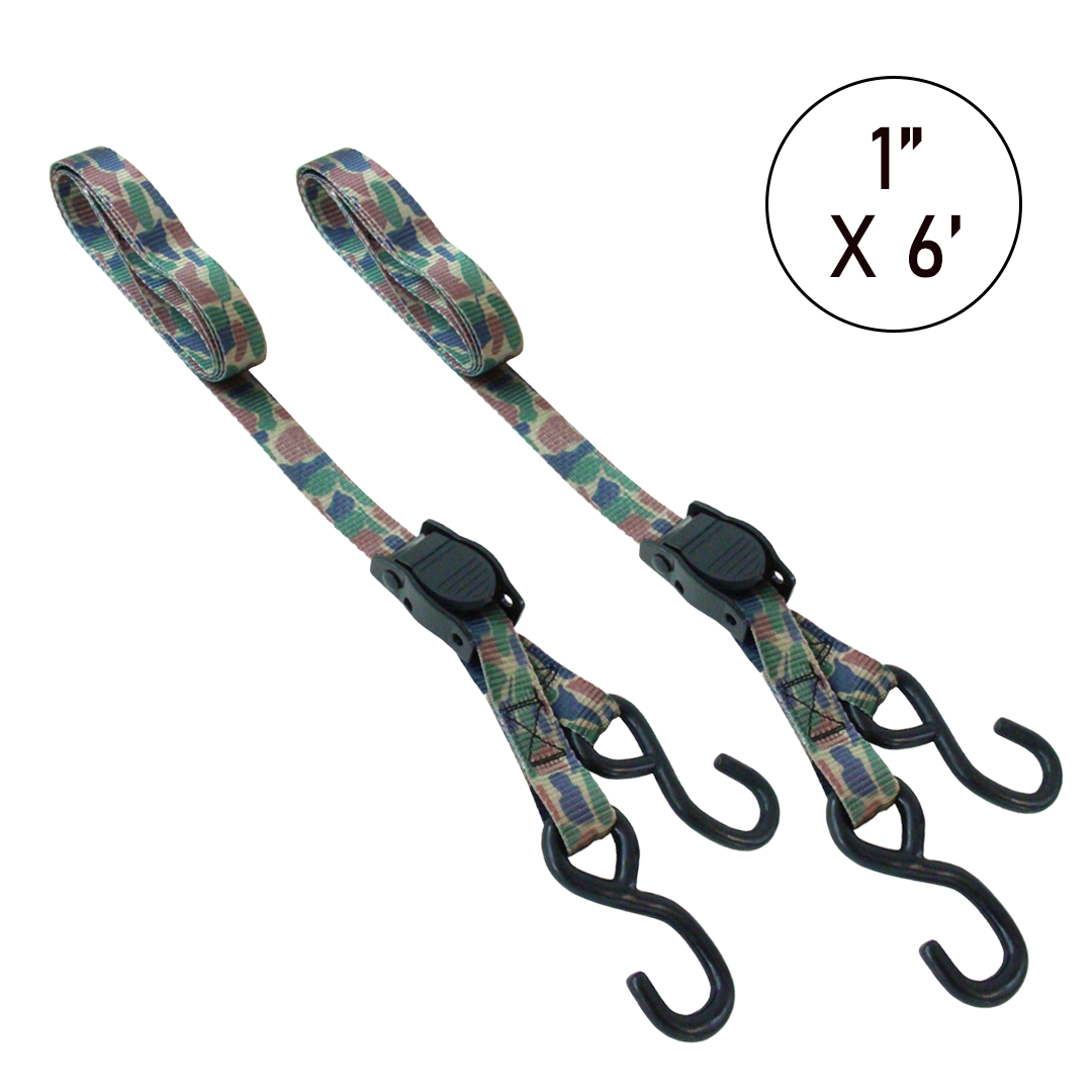 Boxer CamoStrap Duo: 1" x 6' Camouflage Tie Down Set with S Hooks - 1200 lbs Breaking Strength