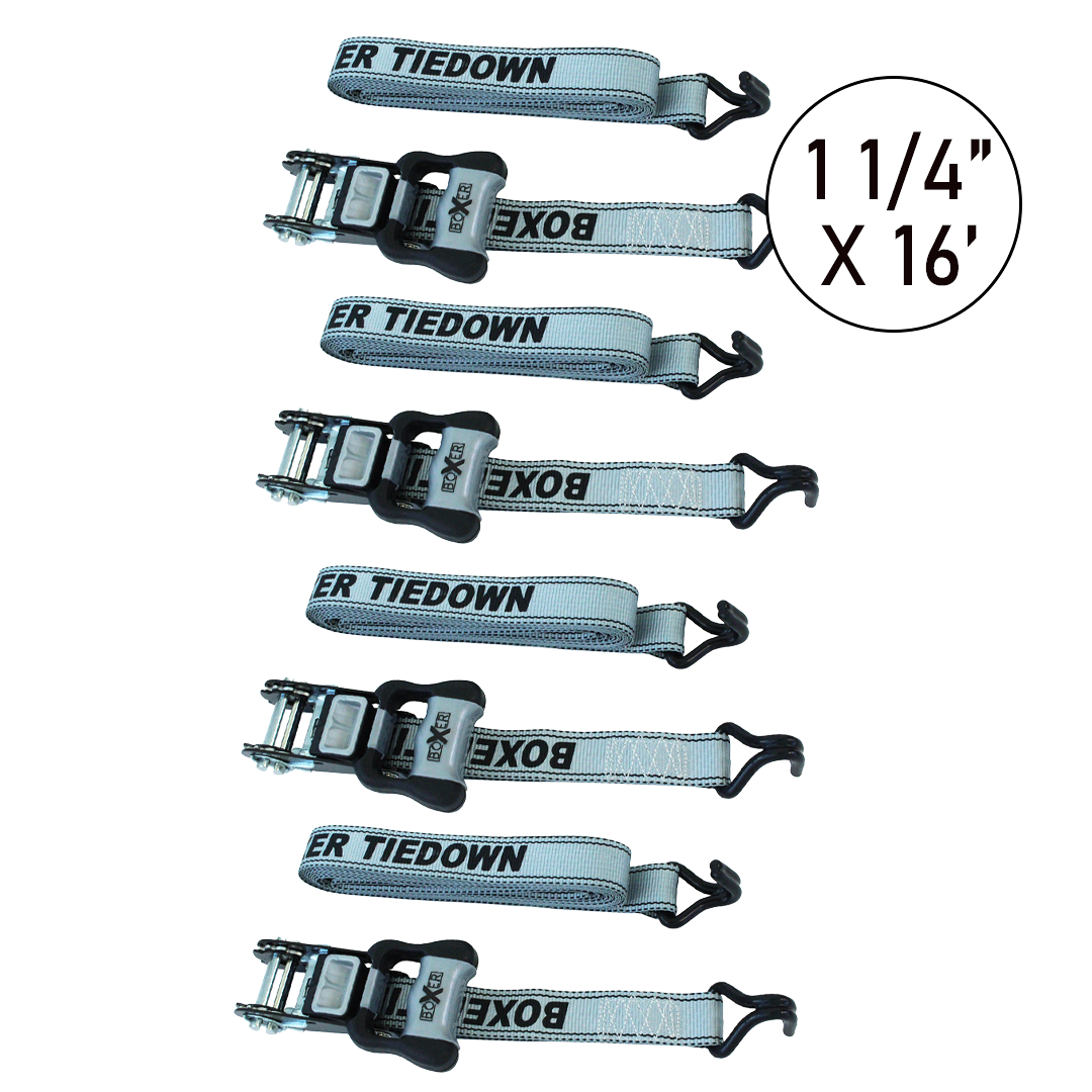 Boxer ProGrip 1 1/4" x 16' Ratchet Tie Downs Set with Coated J Hooks - 2500 lbs Breaking Strength