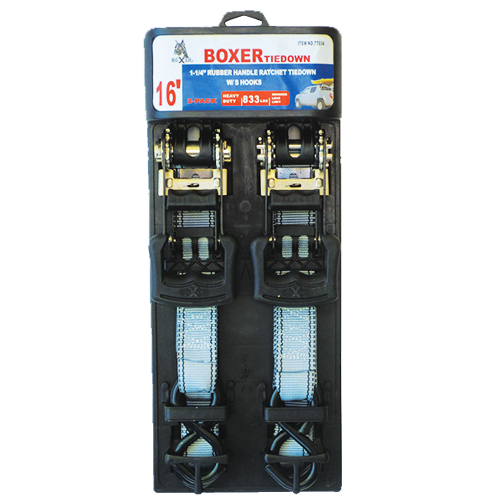 Boxer UltraGrip 1 1/4" x 16' Heavy-Duty Ratchet Tie Downs with S Hooks