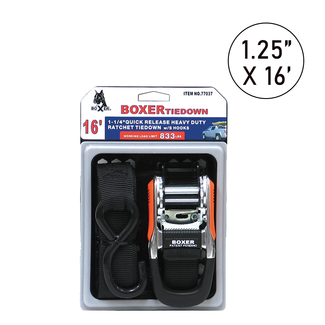 Boxer SwiftSecure Quick Release Ratchet Tie Downs (1 1/4" x 16') - 2500 lbs Breaking Strength