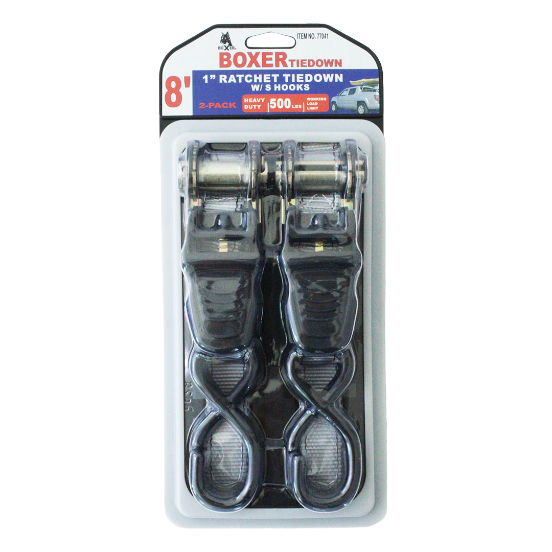 Boxer ProSecure 1" x 8' Ratchet Tie Down Kit with Coated S Hooks - 1500 lbs Breaking Strength