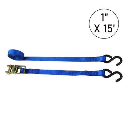 Boxer ProForce 1" x 15' Ratchet Tie Down Strap with S Hooks - 3000 lbs Breaking Strength