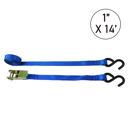 Boxer 1" x 14' Ratchet Tie Down Strap - 1500 lbs Breaking Strength, Blue with S Hooks