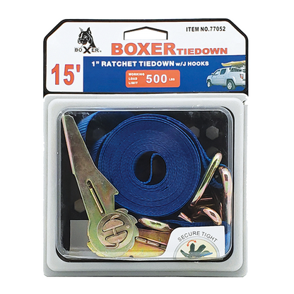 Boxer ProSecure 1" x 15' Ratchet Tie Down Strap with J Hooks and Additional D Ring- 1500 lbs Breaking Strength