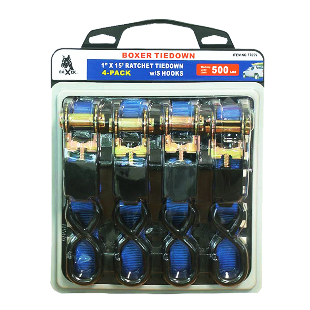 Boxer Ultra Secure Pro Pack 1" x 15' Ratchet Tie Down Set with S Hooks - 1500 lbs Breaking Strength