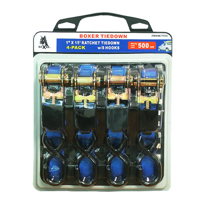 Boxer Ultra Secure Pro Pack 1" x 15' Ratchet Tie Down Set with S Hooks - 1500 lbs Breaking Strength