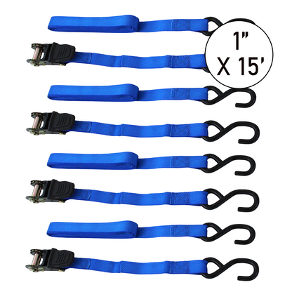 Boxer Ultra Secure Pro Pack 1" x 15' Ratchet Tie Down Set with S Hooks - 1500 lbs Breaking Strength