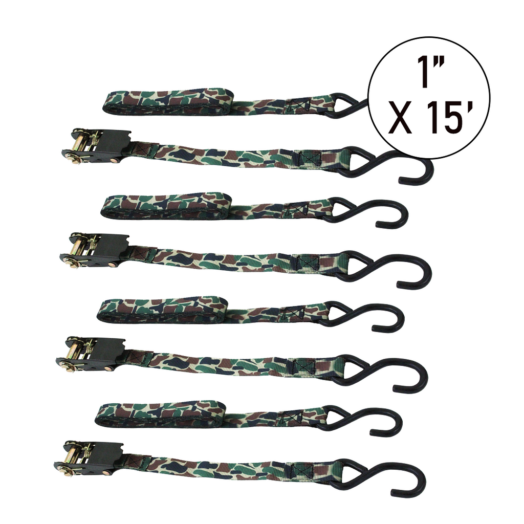 Boxer Stealth Grip Pro  1" x 15' Camouflage Ratchet Tie Down Set - 1500 lbs Breaking Strength