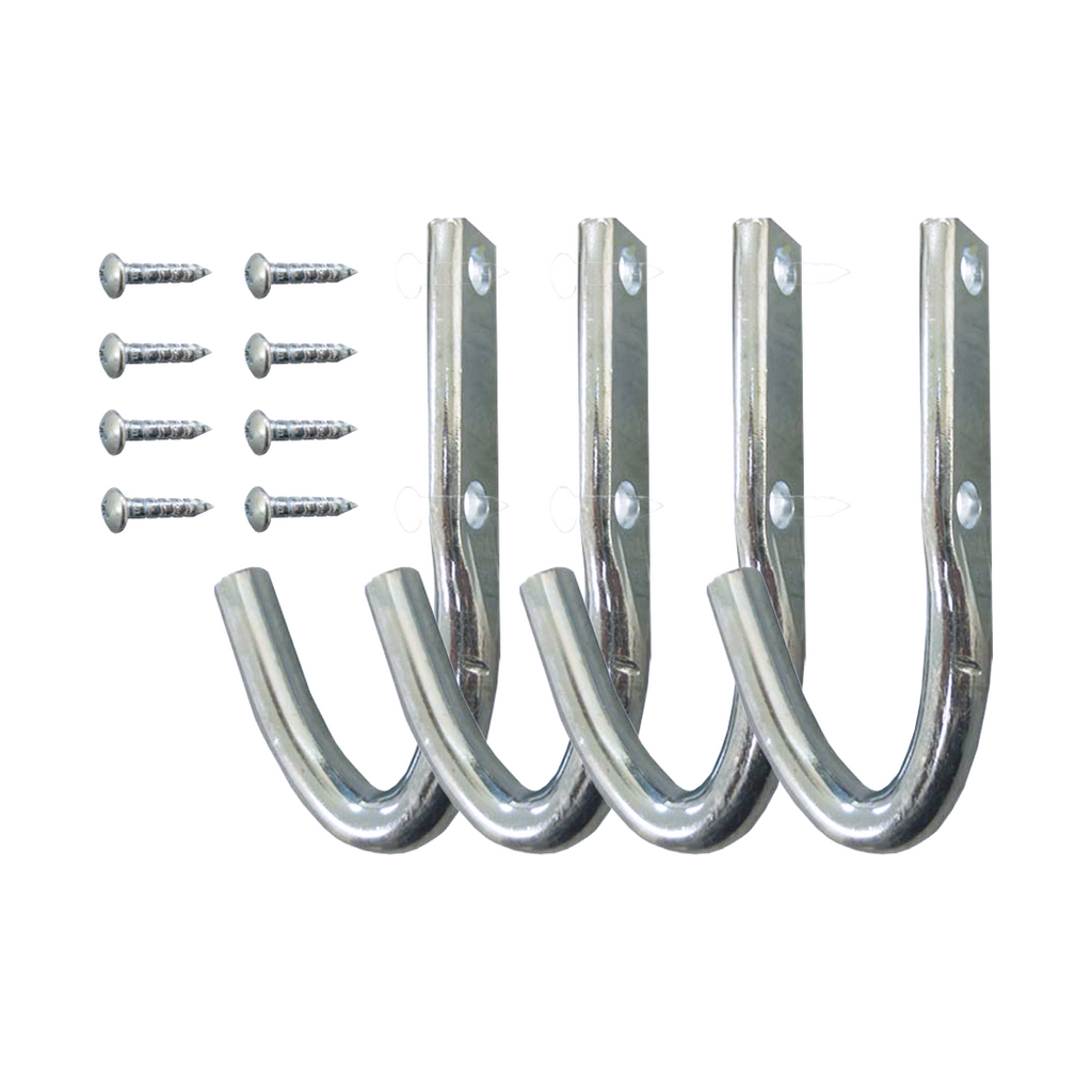 4-piece chrome steel J-rope hook set with mounting screws for truck bed tie-downs.