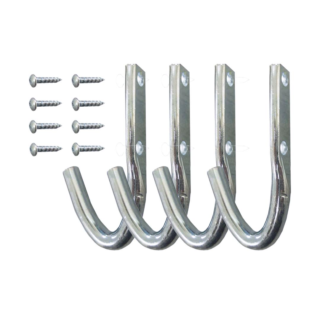 4-piece chrome steel J-rope hook set with mounting screws for truck bed tie-downs.