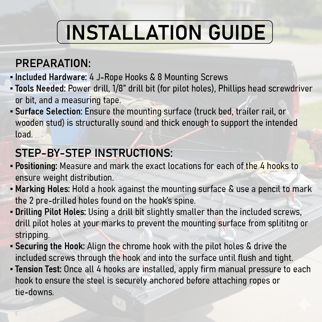 4-piece chrome steel J-rope hook set with mounting screws for truck bed tie-downs.