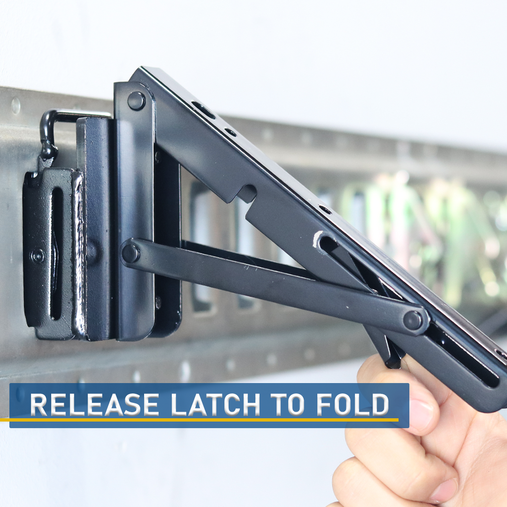 Foldable E-Track Shelf Bracket Kit (Set of 2) – Heavy-Duty, 110 lb Capacity, Space-Saving Storage Solution for Trailers, Garages & Workbenches