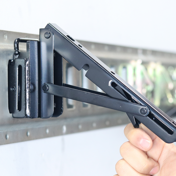 Foldable E-Track Shelf Bracket Kit (Set of 2) – Heavy-Duty, 110 lb Capacity, Space-Saving Storage Solution for Trailers, Garages & Workbenches - 0