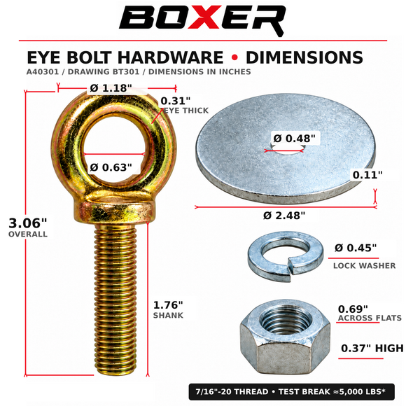 A product information graphic for a Boxer brand eye bolt hardware set, showing a large gold-toned eye bolt with dimensions, a silver round flat washer, a silver lock washer, and a silver hex nut, with labeled measurements on a white background.