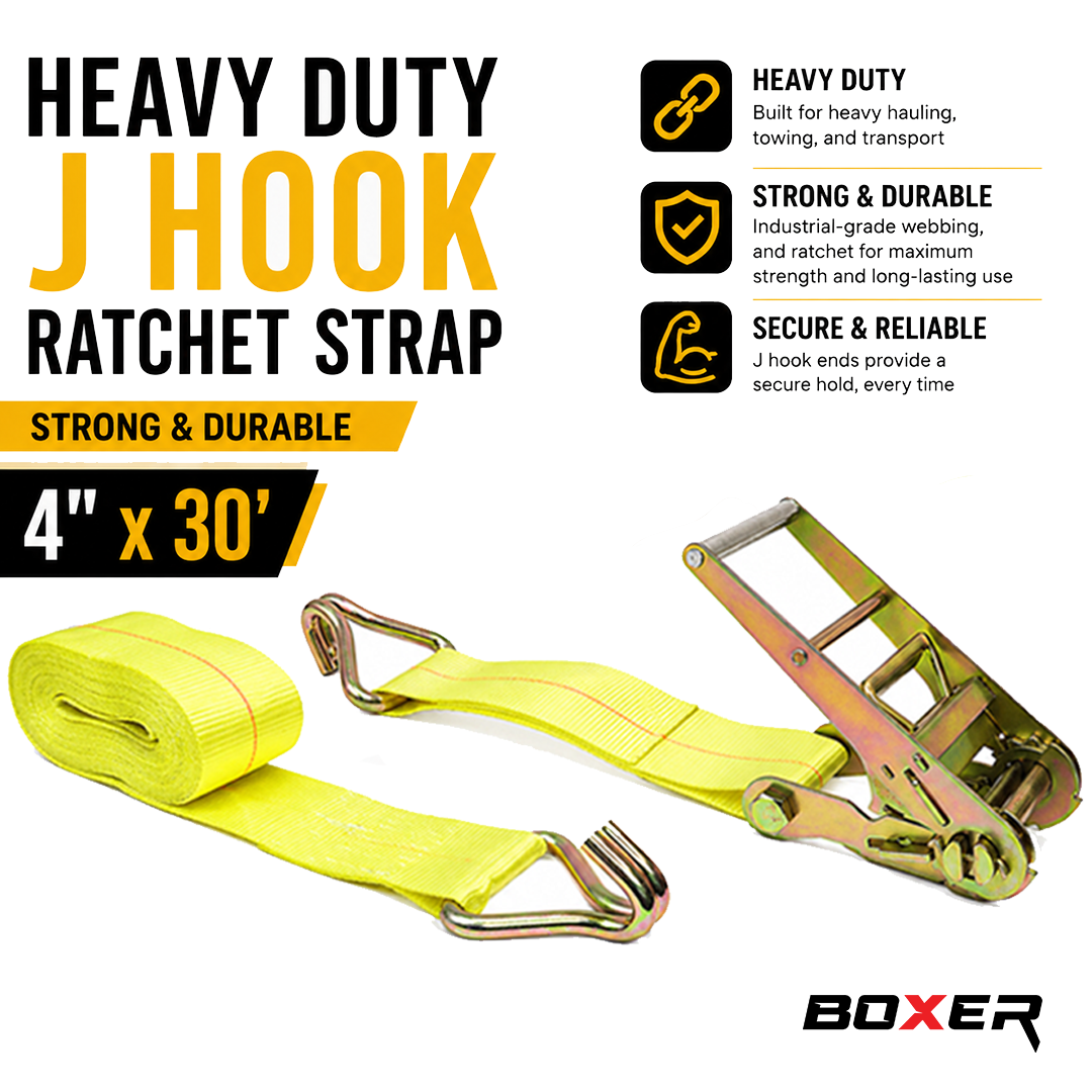 Boxer 4" x 30' Heavy-Duty Ratchet Tie Down with J Hooks - 16,200 lbs Breaking Strength