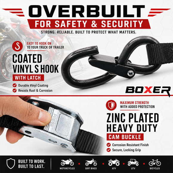 Boxer SecureMax Pro: Ultra-Grip 1" x 6' Cam Buckle Motorcycle Soft Tie Straps with Heavy Duty S Hook