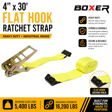 Boxer 4" x 30' Heavy-Duty Ratchet Tie Down with Flat Hooks - 16,200 lbs Breaking Strength - 0