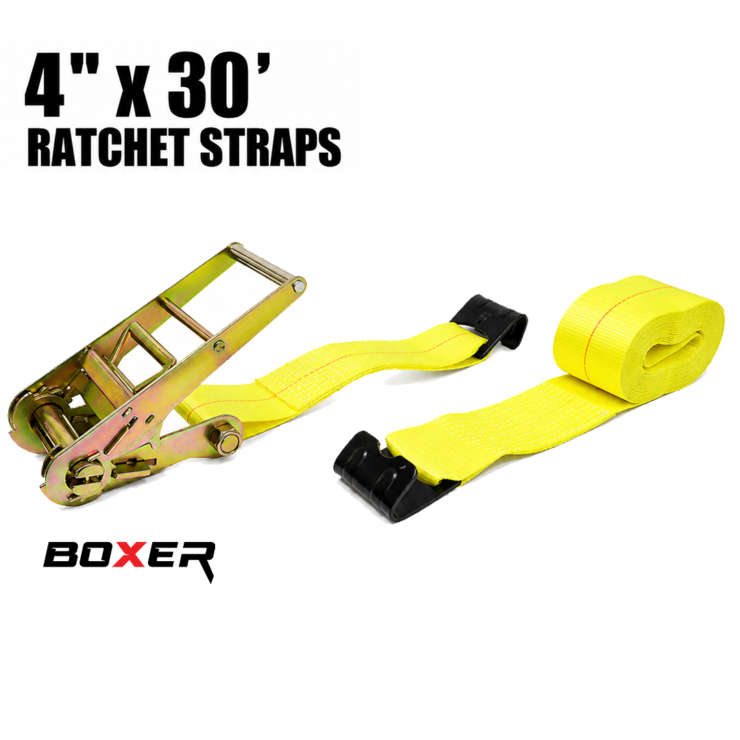 Boxer 4" x 30' Heavy-Duty Ratchet Tie Down with Flat Hooks - 16,200 lbs Breaking Strength