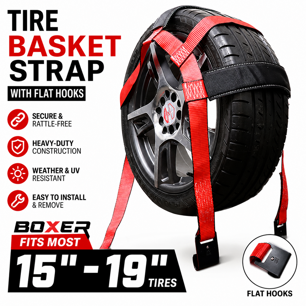 Boxer SureGrip 2" x 8' Wheel Basket Tire Holder with Flat Hooks and Grip-enhancing Rubber Sleeves