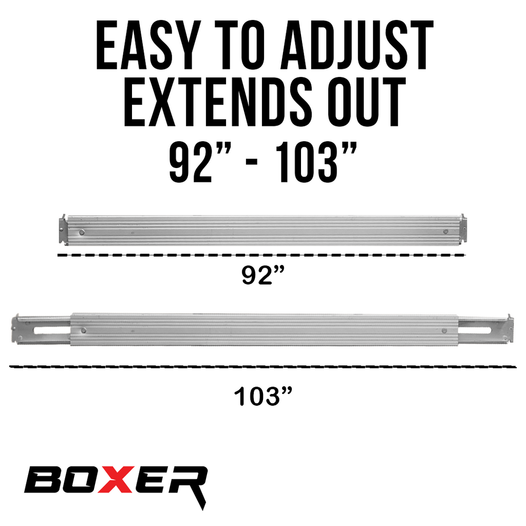 Measurement chart showing adjustable length range with 'Boxer' brand logo.