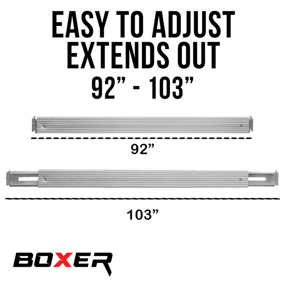 Measurement chart showing adjustable length range with 'Boxer' brand logo.