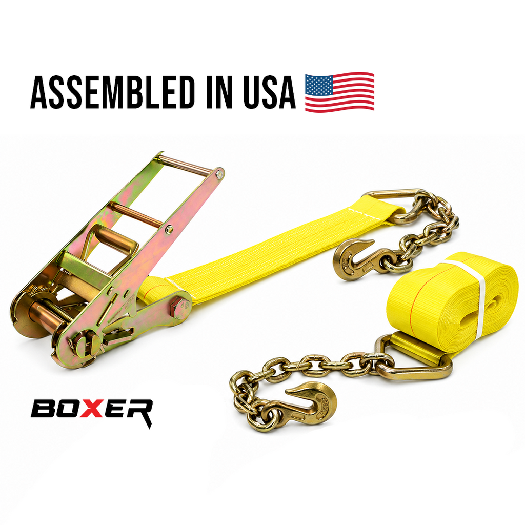 Boxer 4" x 30' USA Assembled Heavy-Duty Pro Ratchet Strap - Grade 70 Forged Chain Hooks - 16,200 lb BS - Double Locking Buckle - 20,000 lb Webbing